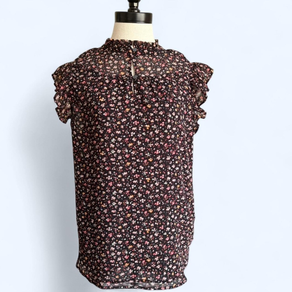 Loft Petites Black Floral Ruffle Neck Flutter Sleeve Blouse Top LP